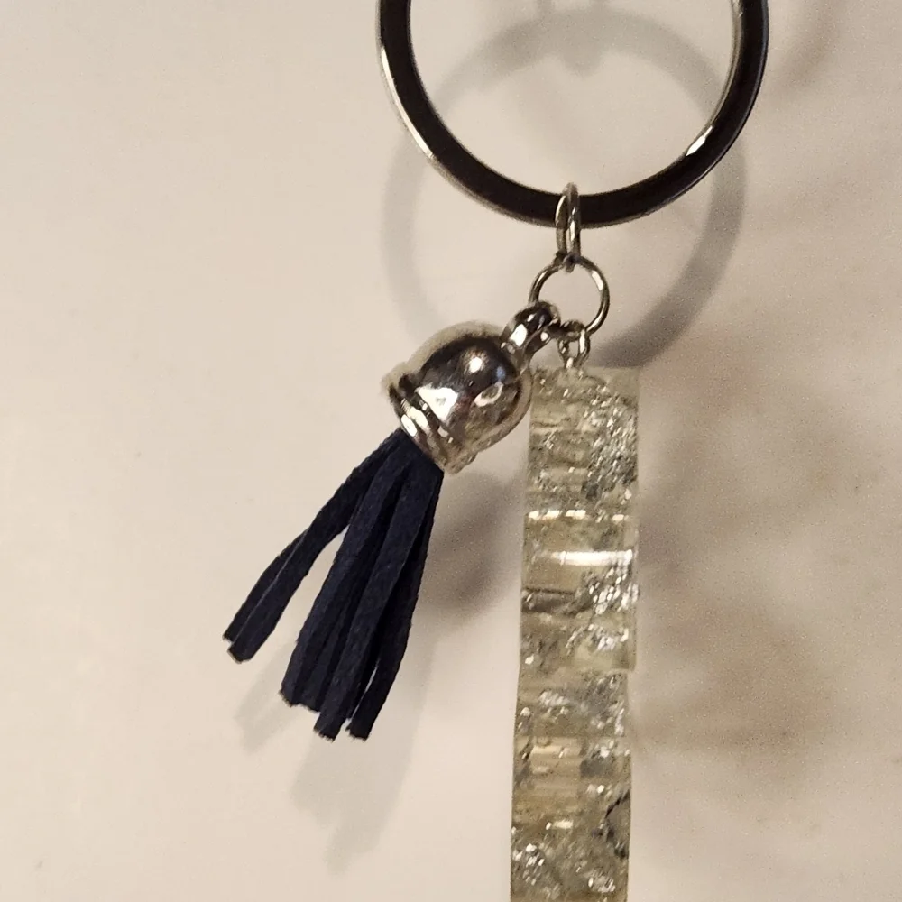 4 1/2” Handmade Letter “G” Resin Silver Leaf Tassel Keychain